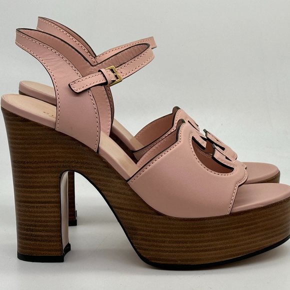 Gucci Cutout Interlocking GG Monogram Leather Platform Heels Sandals Shoes - Picture 1 of 16
